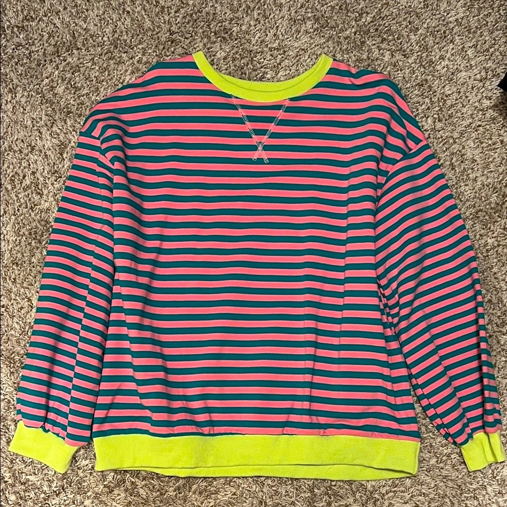Striped Pink and Green Sweatshirt with Bright Green Accents